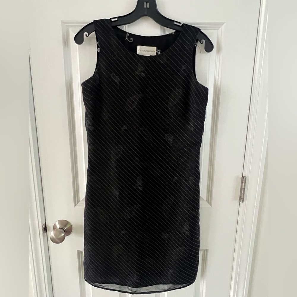 Casual Corner Black and White Sheer Striped Midi Dress over Paisley Print
